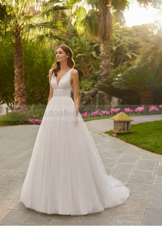 Beaded V Neck Ivory Lace Tulle Unique Wedding Dress